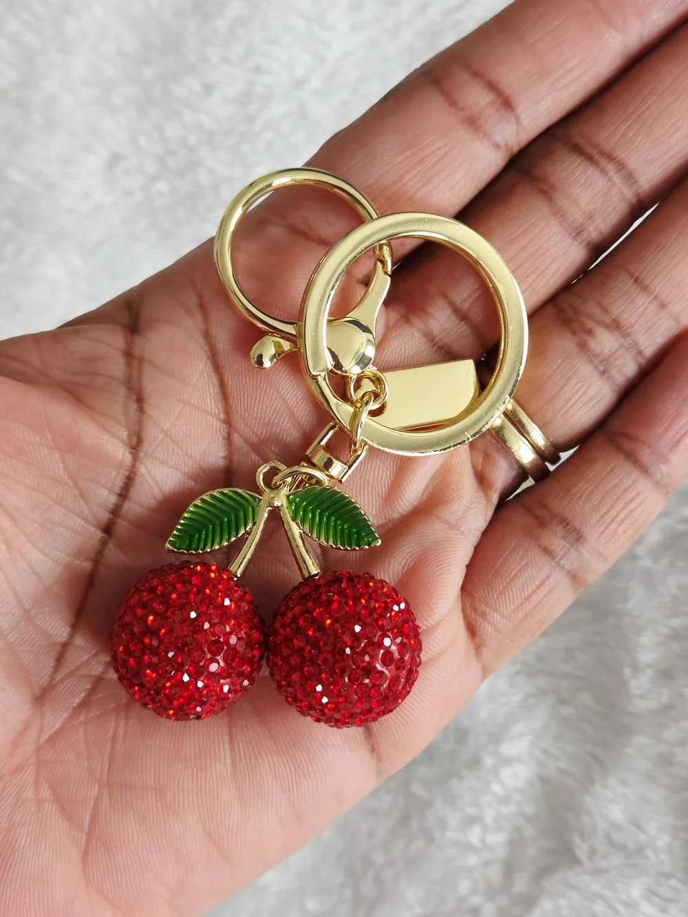 Red Cherry Rhinestone Keychain with Gold Hardware Bling Bag Charm